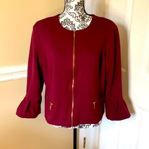 Roz & Ali, women’s full zip, maroon jacket with puff sleeves, size XL